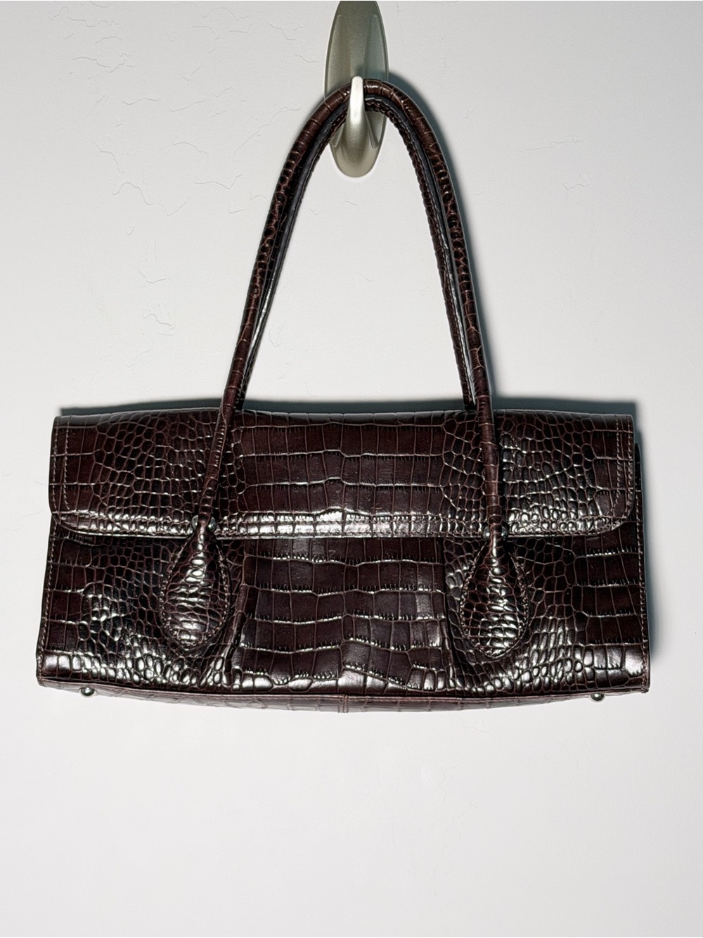 Alfani Leather Dark Brown Crocodile Embossed Leather East West Bag